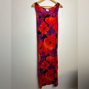 VTG Y2K Style Studio Artsy Midi Dress M Floral Multicolor 1 Slit Hem Red Soft